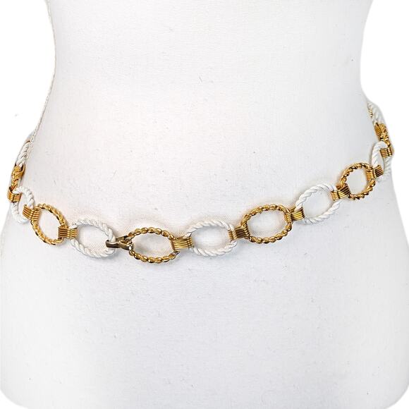 Vintage Gold Tone White Chain Link Belt 90s 80s Circle Hip Braided Metal VTG 31" - Picture 6 of 6
